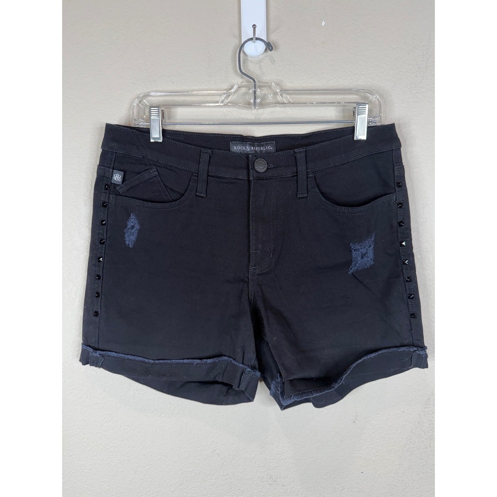 Rock & Republic Bumpershoot Black Studded Distressed Denim Shorts Womens 12